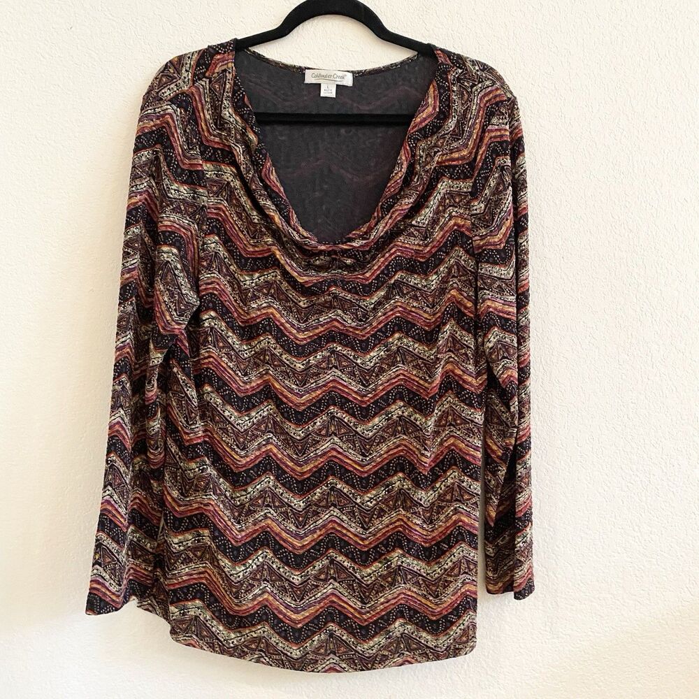 Coldwater Creek Black Red Orange‎ Gold Metallic White Zig Zag Aztec Print Top L